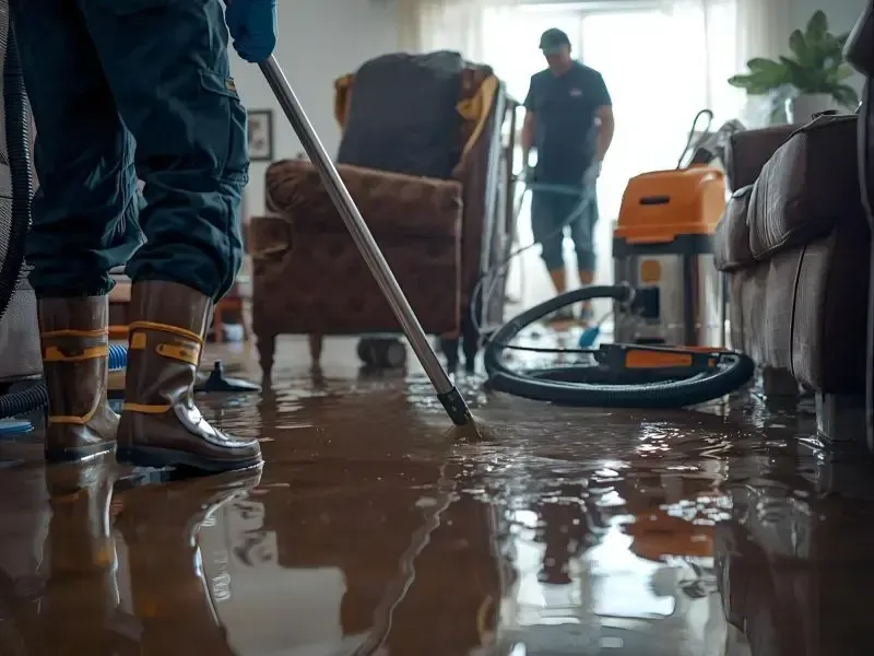 Restoration crew extracting standing water from a furnished living room