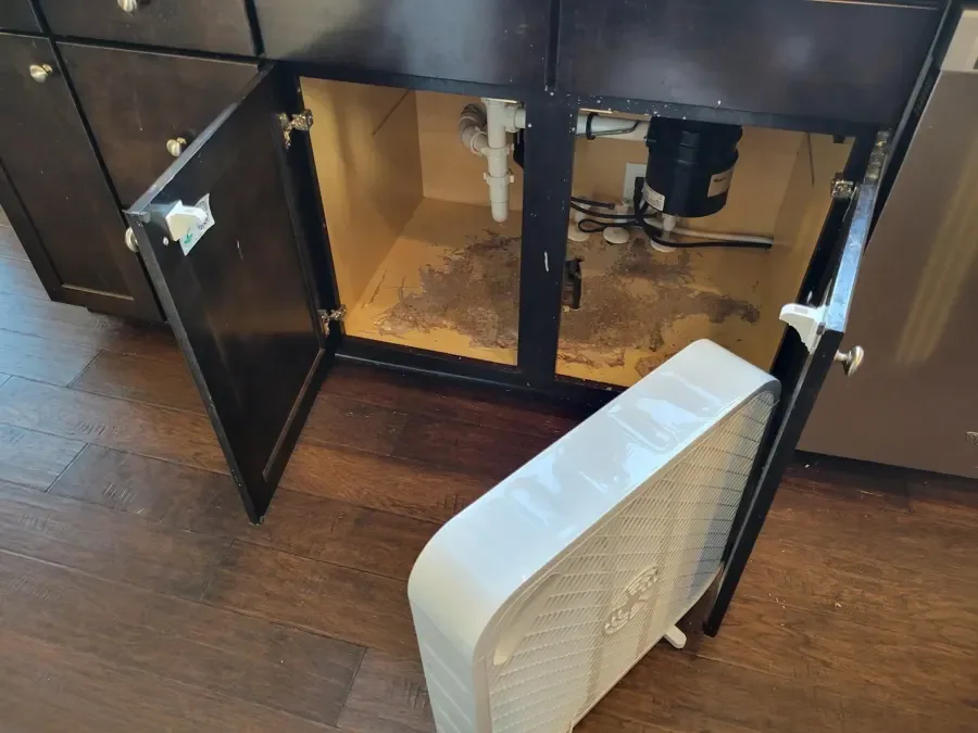 Portable fan directed toward an open sink cabinet