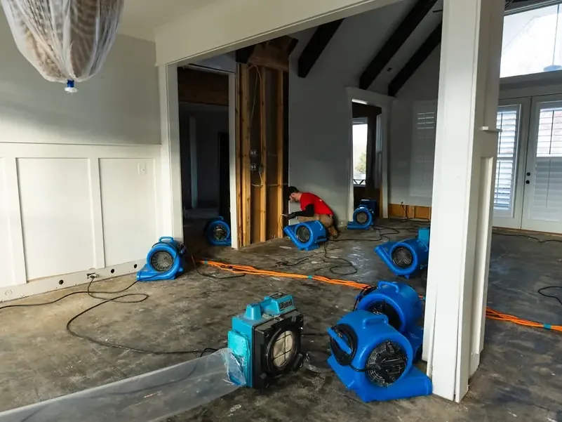Air movers drying flooring beside an opened interior wall