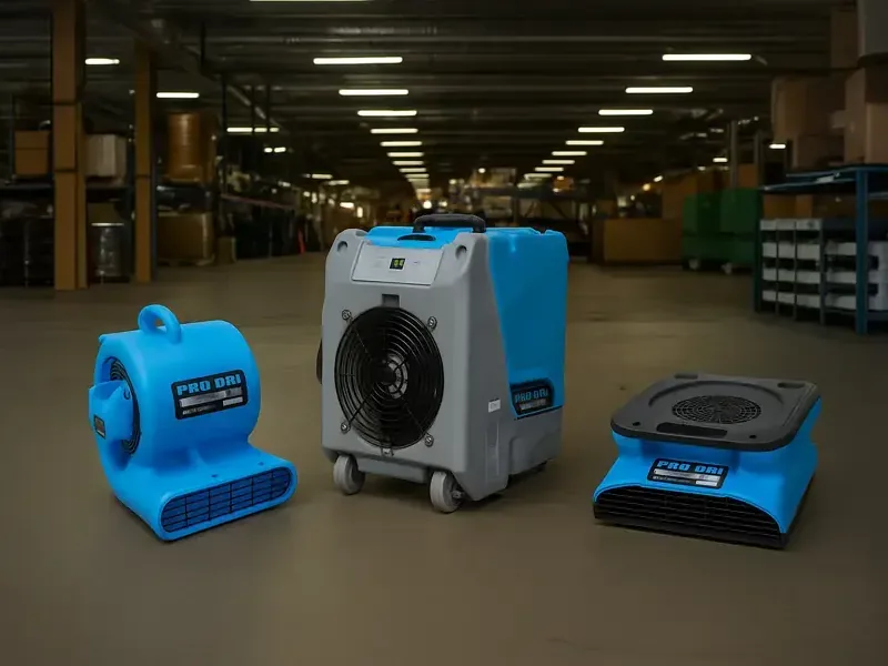 Air movers and a dehumidifier arranged on a warehouse floor