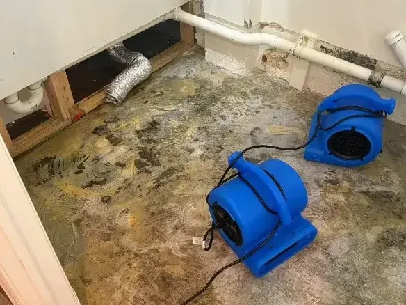 Blue air movers drying an exposed floor beside plumbing