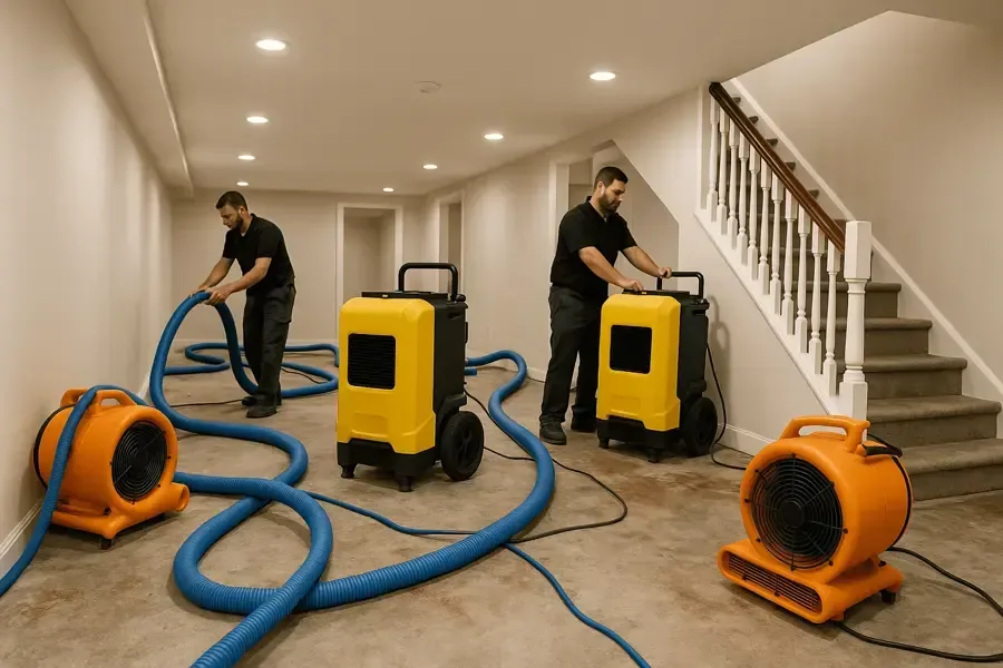 Restoration technicians working with extraction hoses and drying equipment
