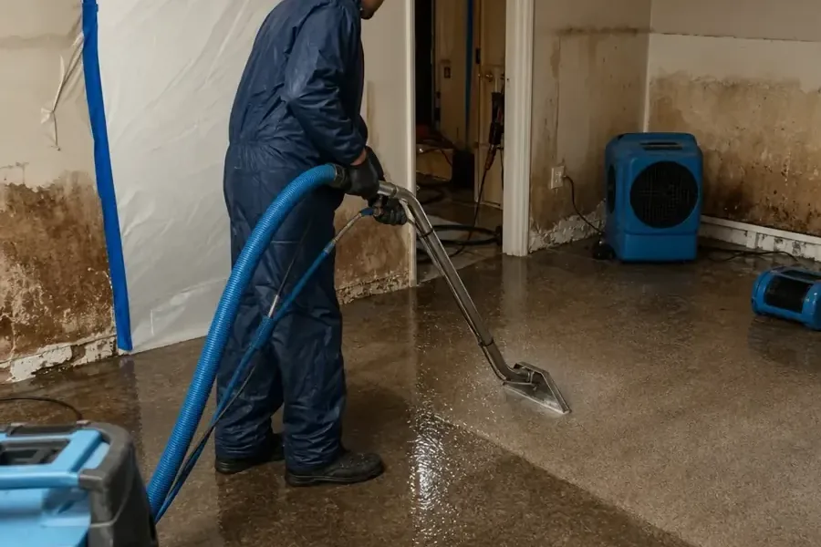 Technician extracting water beside exposed wall framing and air movers