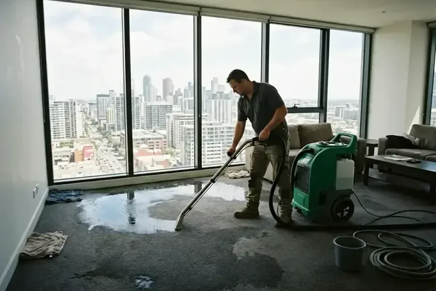 Technician using an extraction wand beside large windows
