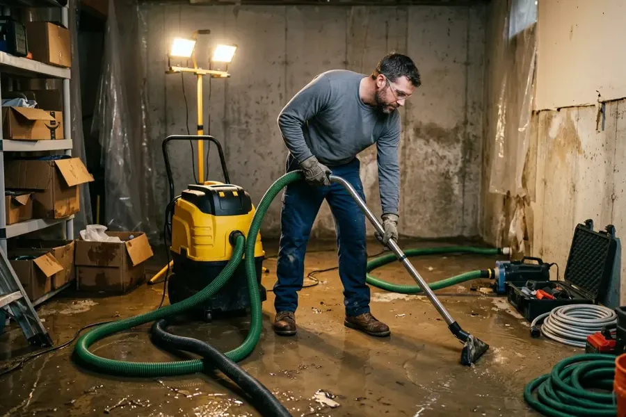Technician removing basement water with an extraction wand and hoses