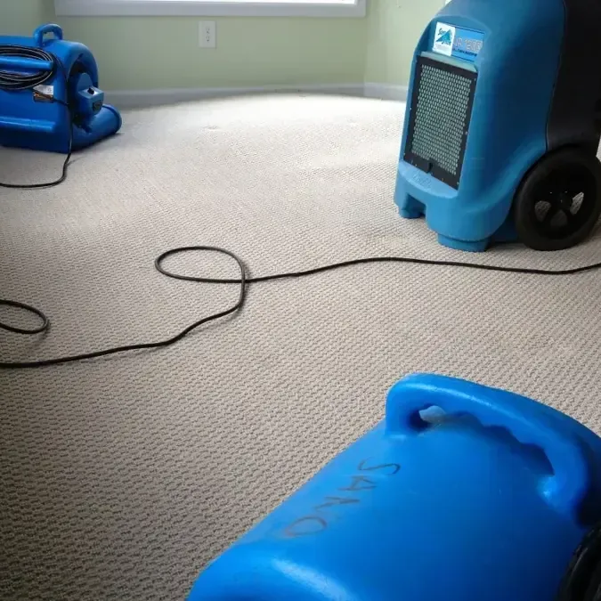 Air movers and a dehumidifier arranged on room carpeting