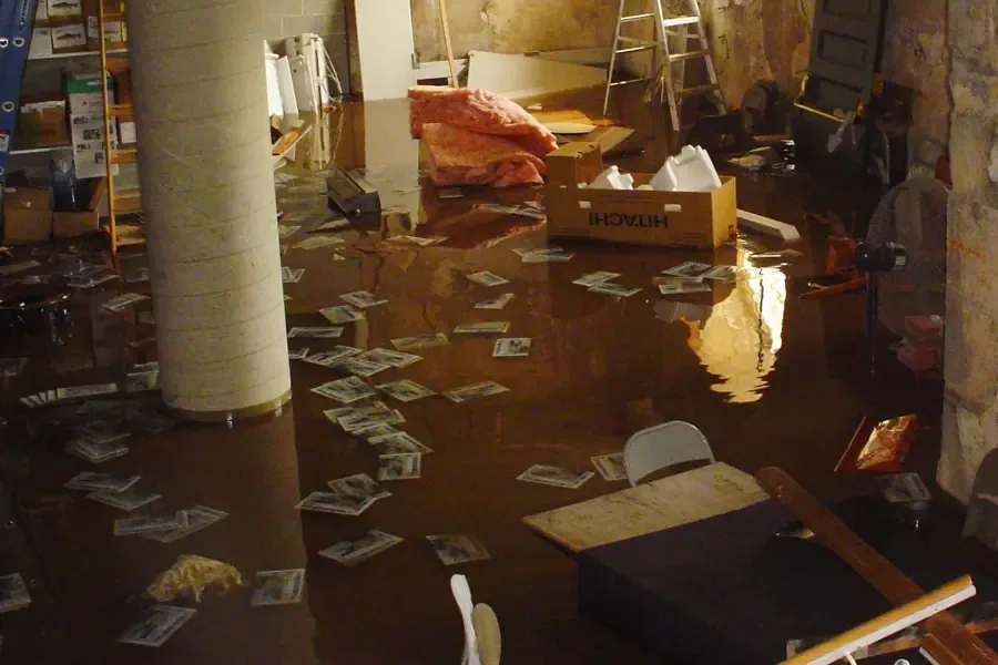 Brown floodwater surrounding shelves and boxes indoors