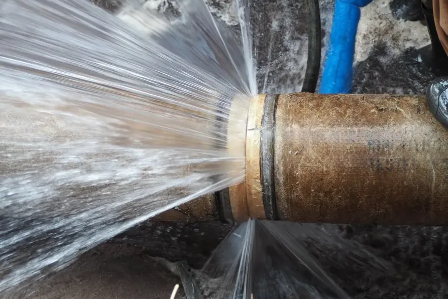 Water spraying from a damaged metal supply pipe