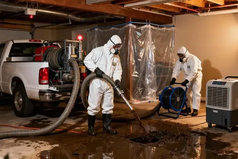 Protective technicians extracting sewage water inside containment