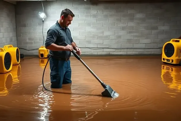 Technician extracting muddy water from a basement floor